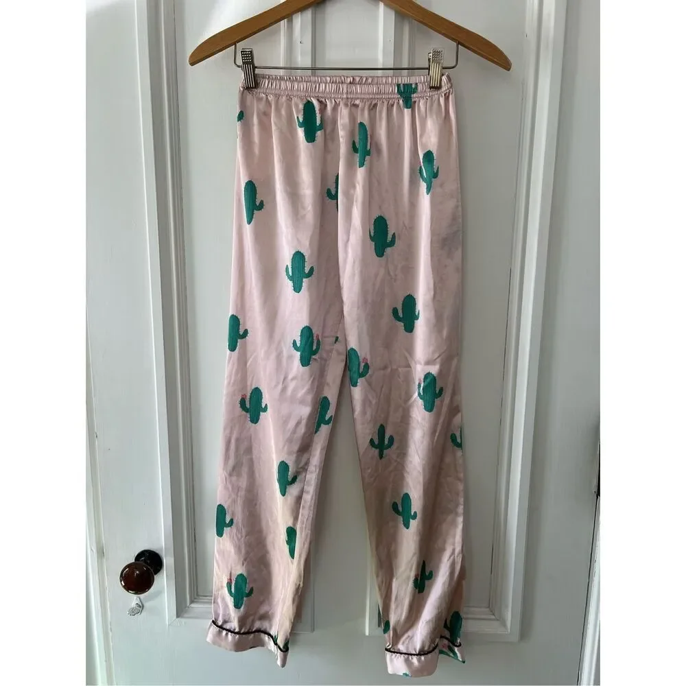 SHEIN girls light pink and green cactus print satin pajamas L